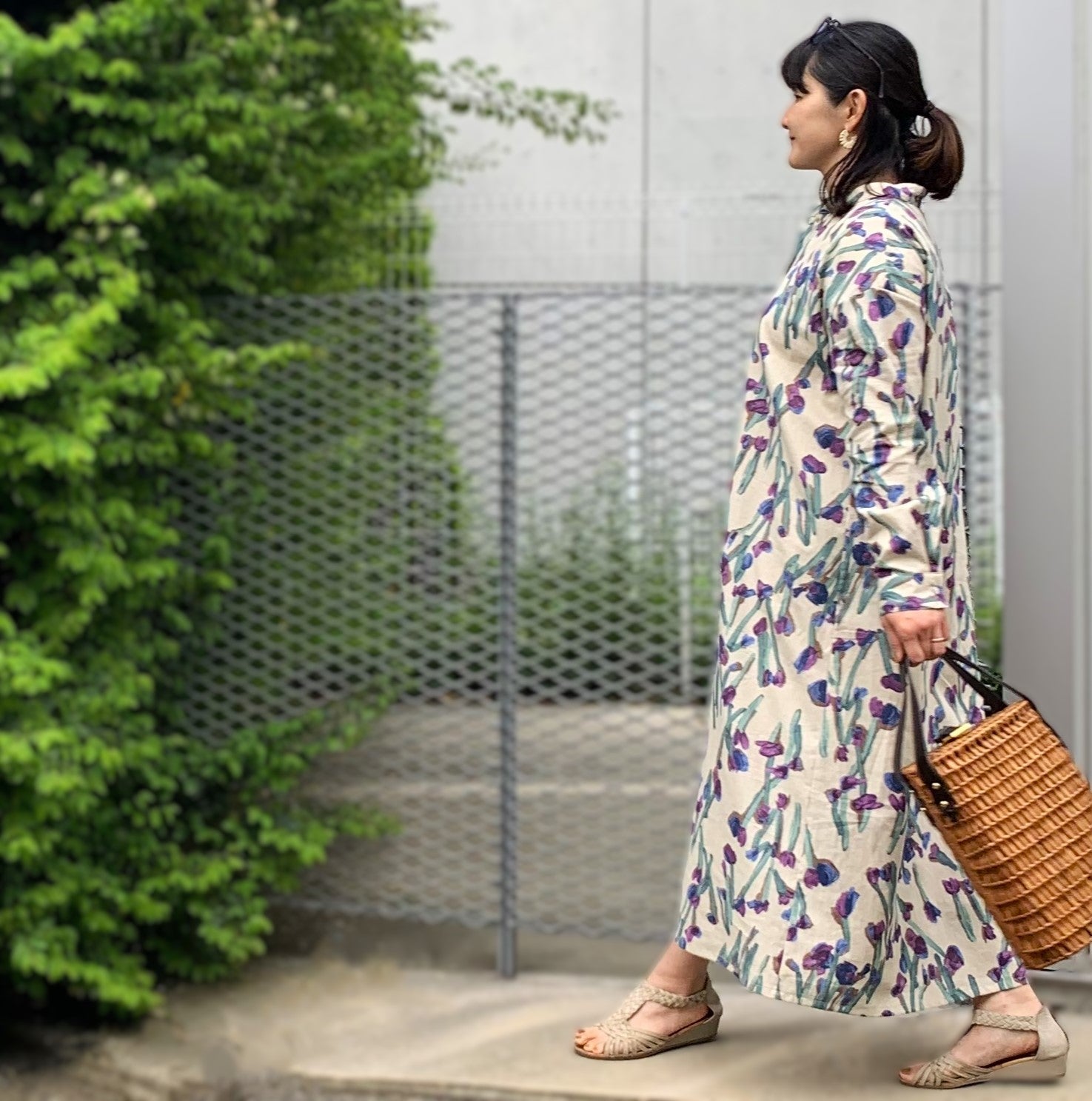 綿麻 紫チューリップ長袖ワンピース | ef rutine