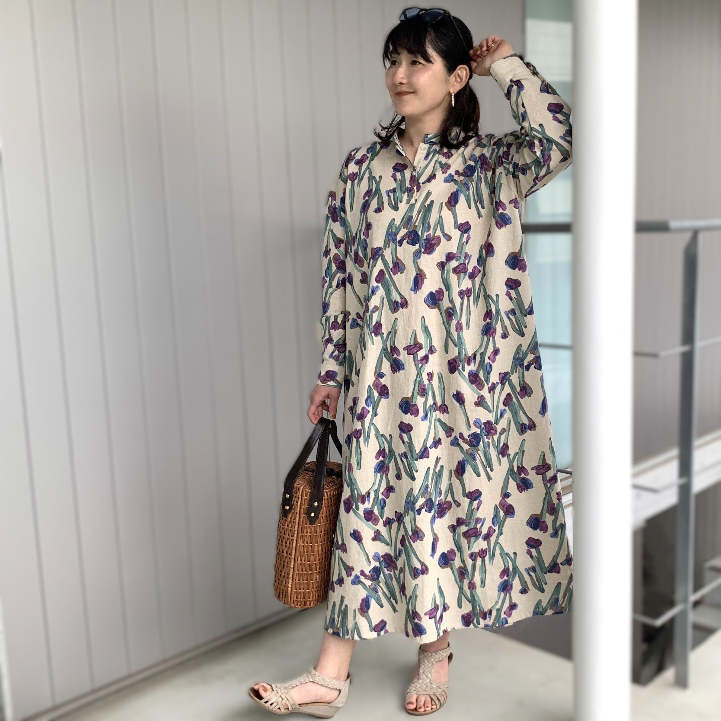 綿麻 紫チューリップ長袖ワンピース | ef rutine