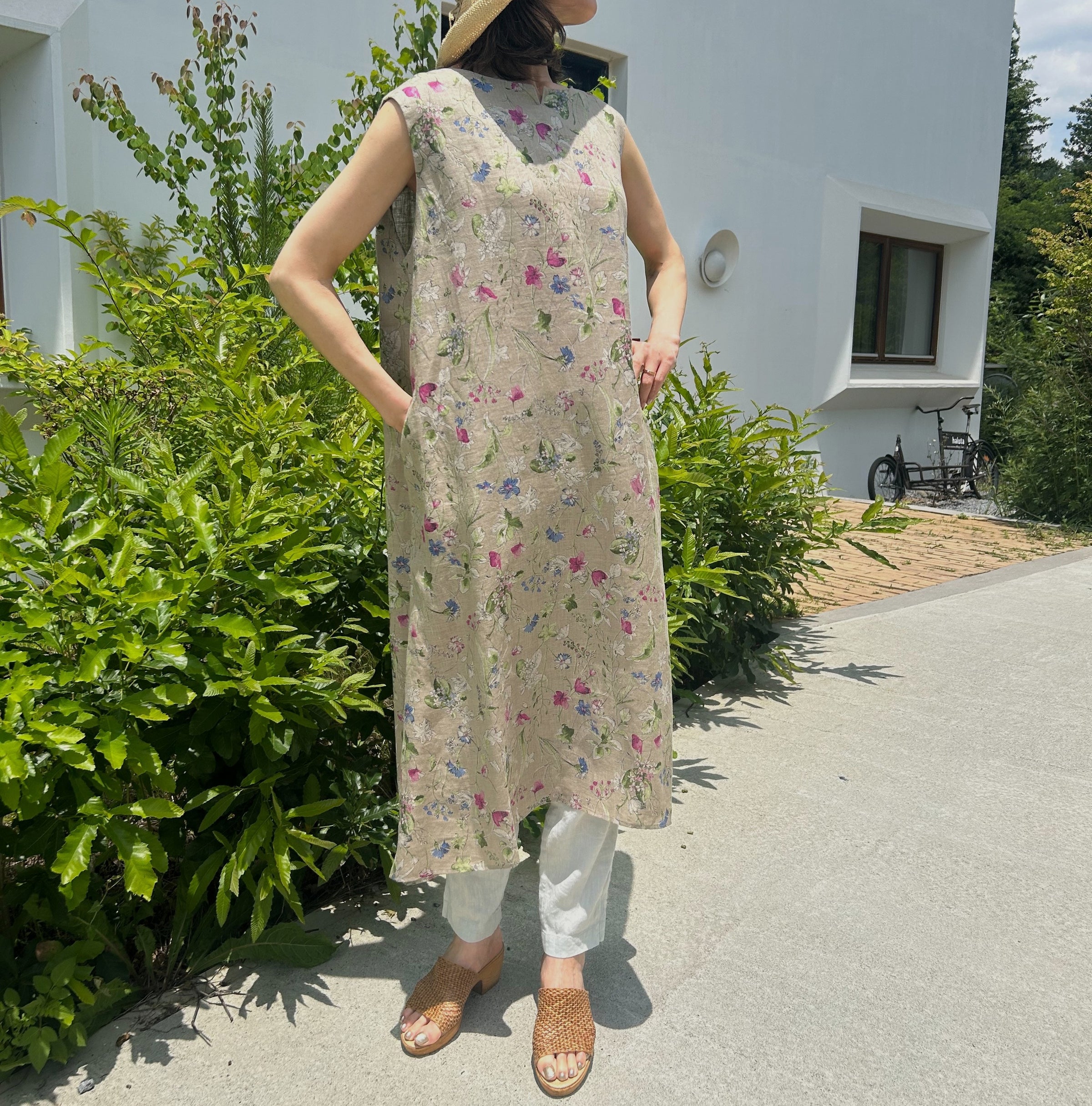 コットンリネン ピンクフラワーノースリーブワンピース | ef rutine