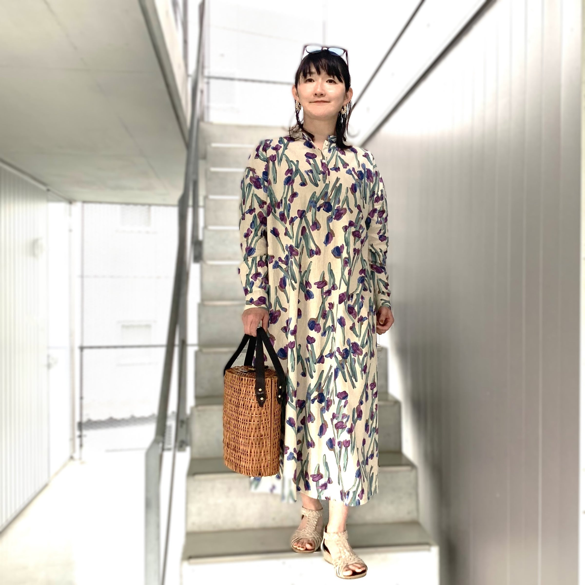 綿麻 紫チューリップ長袖ワンピース | ef rutine