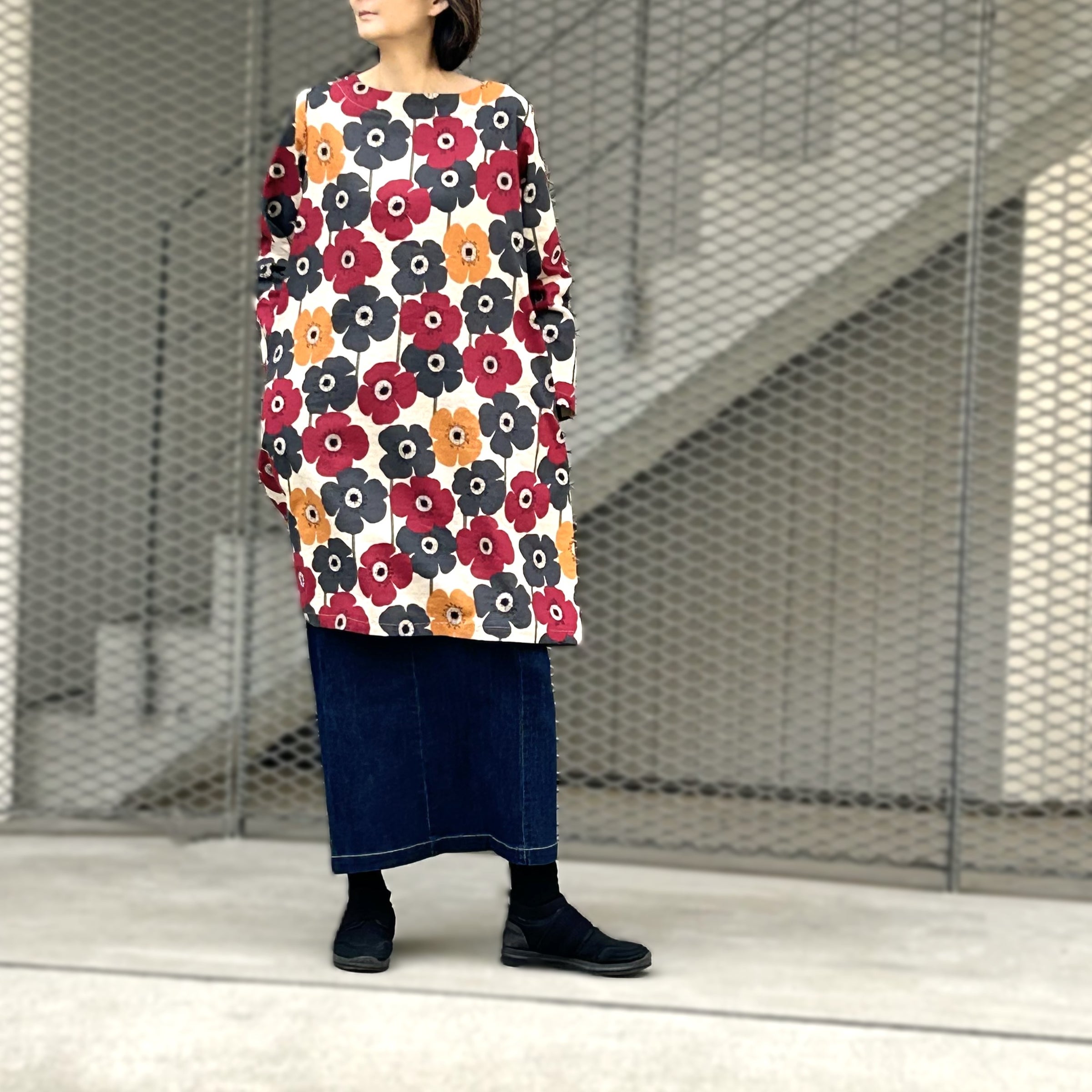 コットンリネン ボタニカルチュニックワンピース 赤 | ef rutine